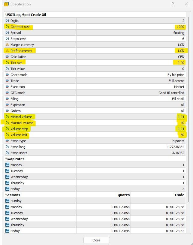 Crude oil contract specification in MT5