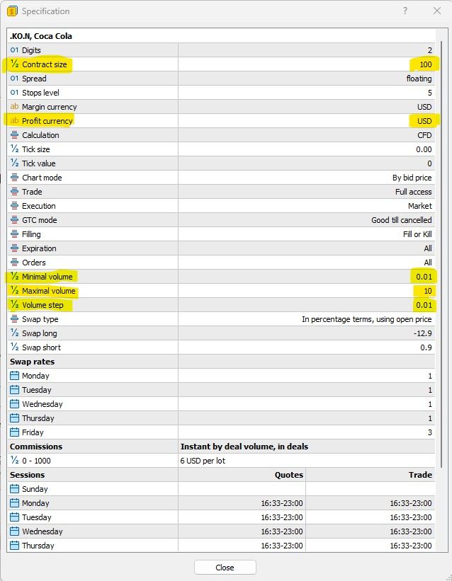 Coca Cola stock contract specification in MT5