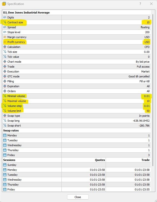 Dow Jones (US30) index contract specification in MT5