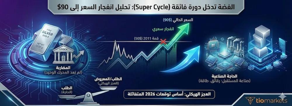 إنفوجرافيك يوضح أسباب صعود الفضة لسعر90 دولار ودخولها في دورة فائقة (Super Cycle) بسبب العجز الصناعي، مما يعزز توقعات سعر الفضة 2026.