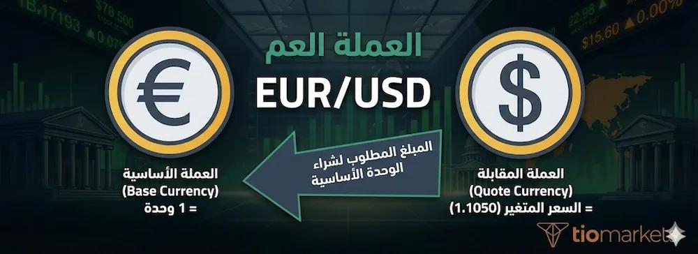 إنفوجرافيك يوضح هيكل زوج العملات في الفوركس، والفرق بين العملة الأساسية (Base) على اليسار والعملة المقابلة (Quote) على اليمين باستخدام مثال اليورو مقابل الدولار.