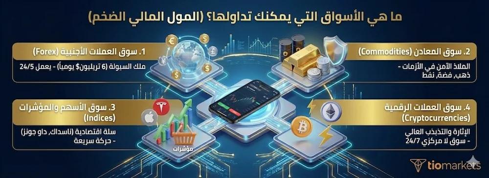 صورة توضح أنواع الأسواق المالية المتاحة عند تعلم ماهو التداول: تشمل سوق الفوركس، تداول المعادن (الذهب)، مؤشرات الأسهم، والعملات الرقمية