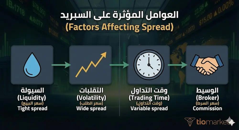 إنفوجرافيك يوضح العوامل الأربعة الرئيسية التي تؤثر على السبريد: السيولة، التقلبات، وقت التداول، وعمولة الوسيط.