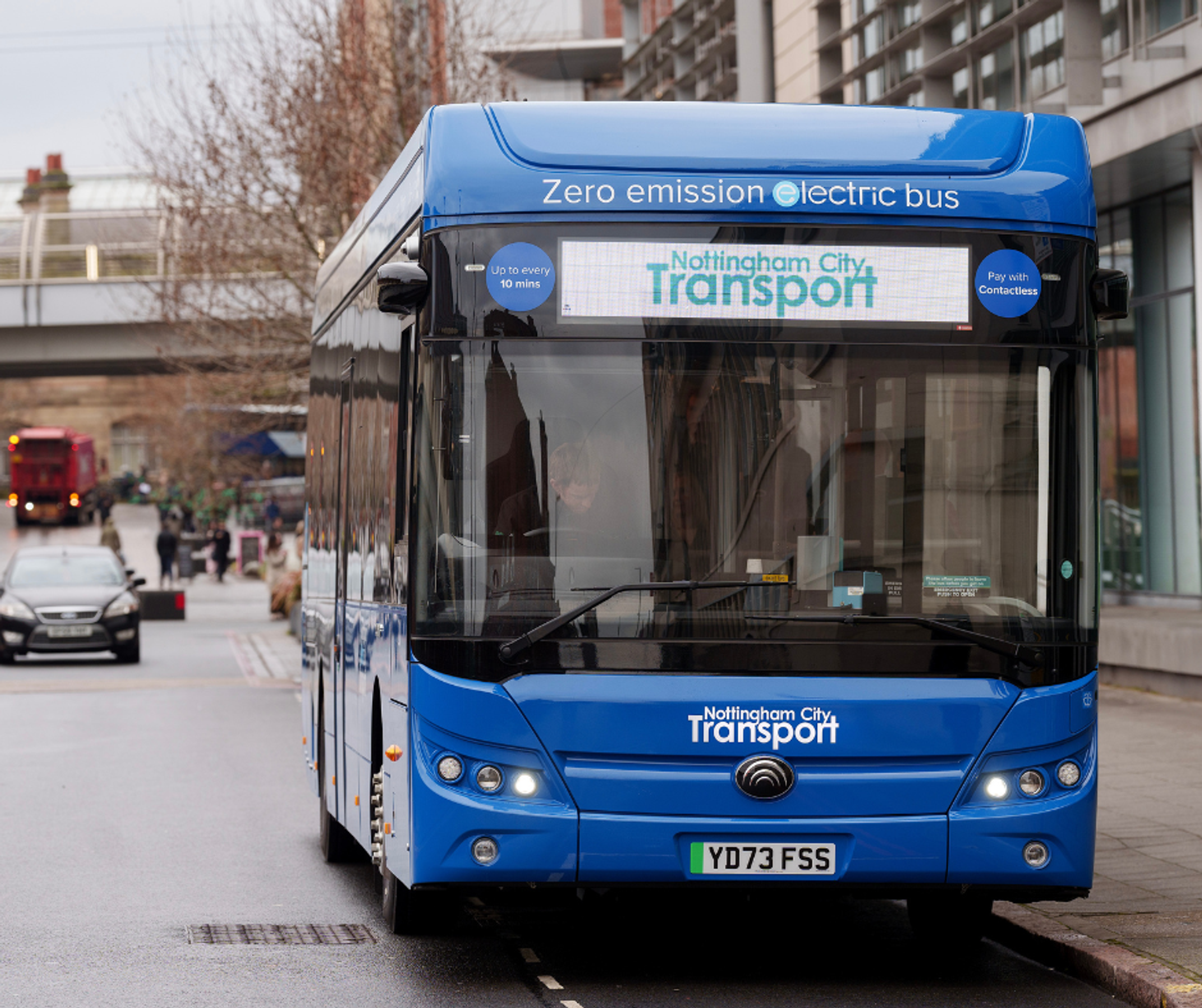 A blue zero emission electric bus run by Nottingham City Transport
