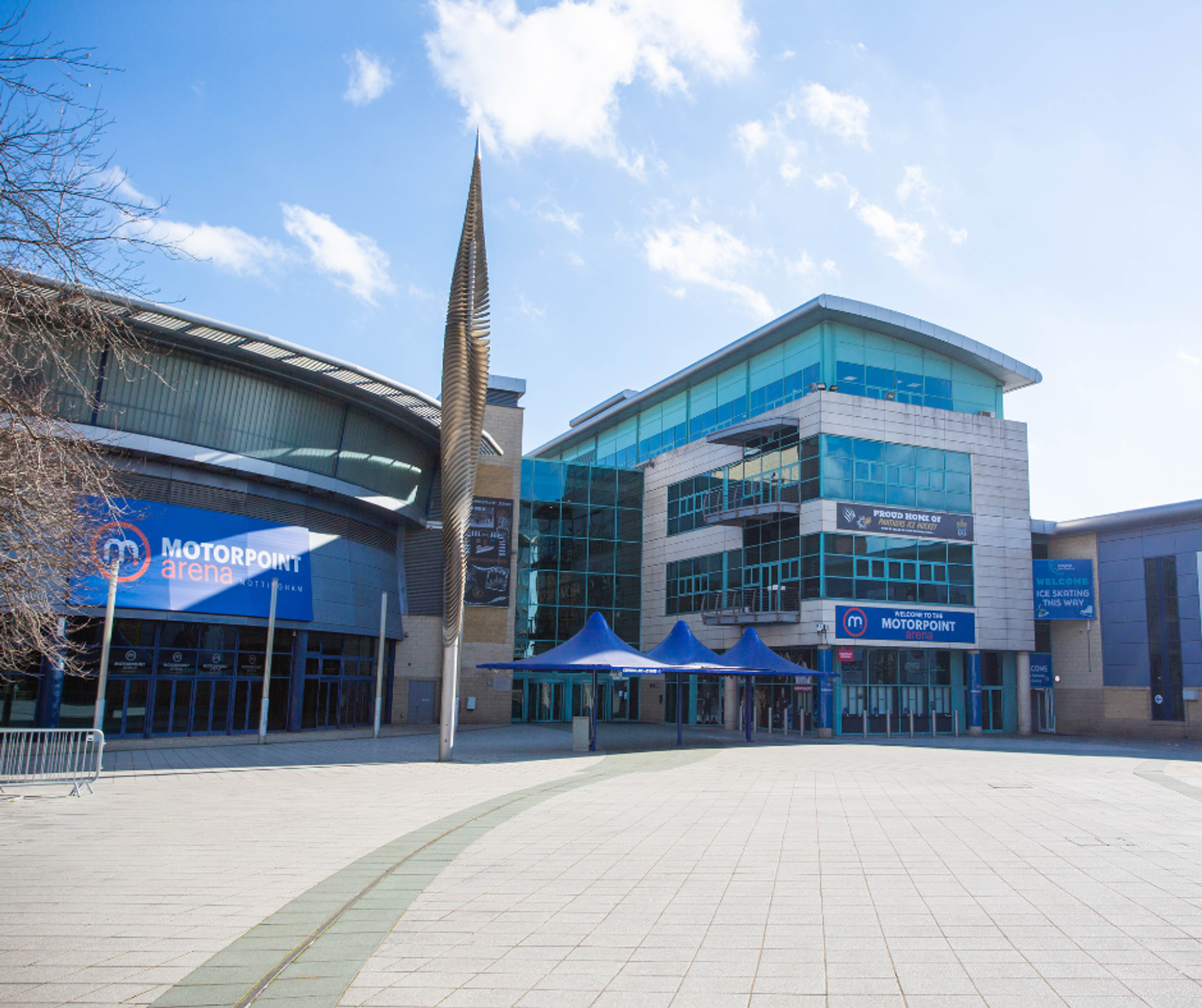 The exterior of the Motorpoint Arena, Nottingham in sunshine.