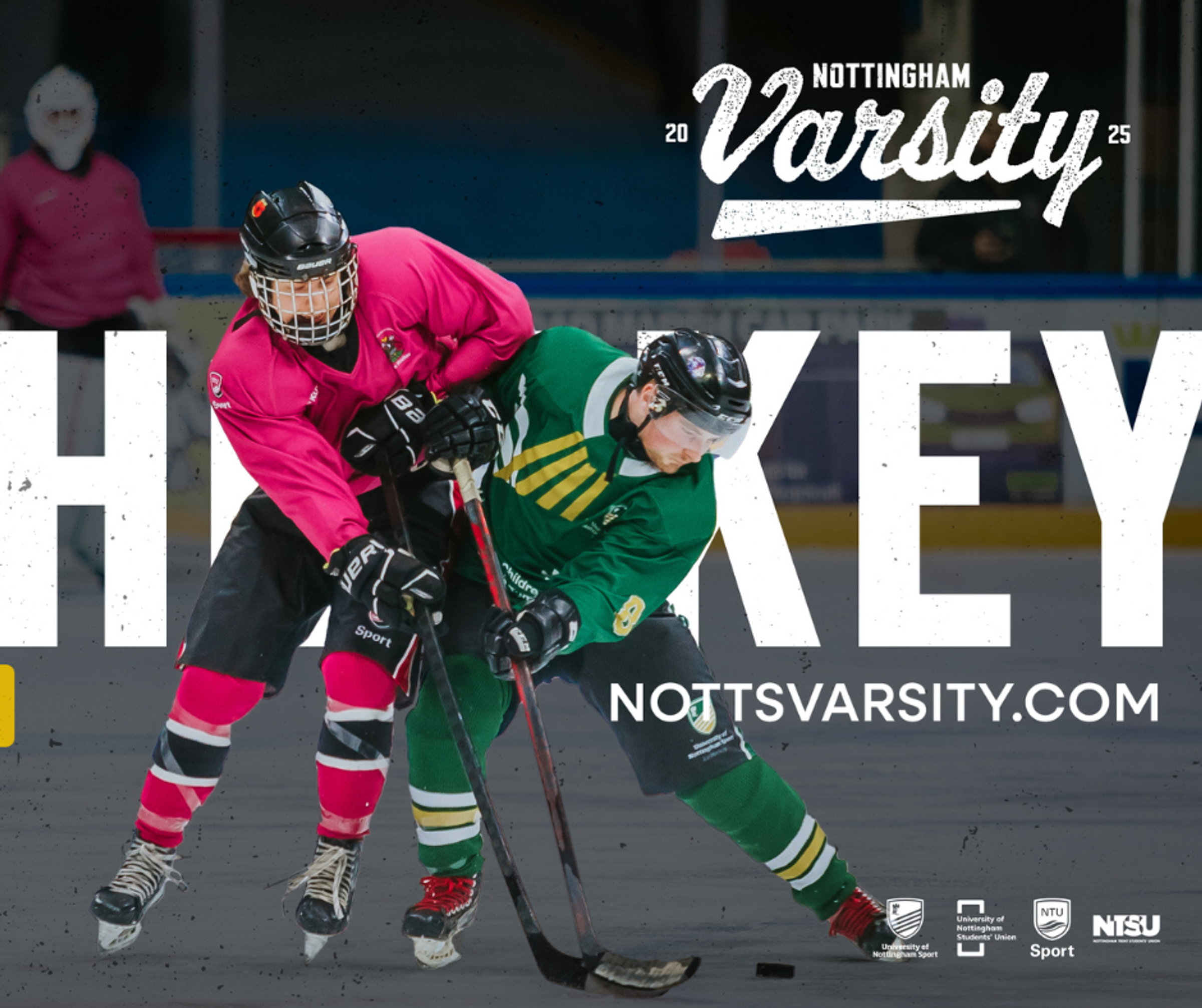 A promotional image for Nottingham Varsity Ice Hockey, including two ice hockey players in action.
