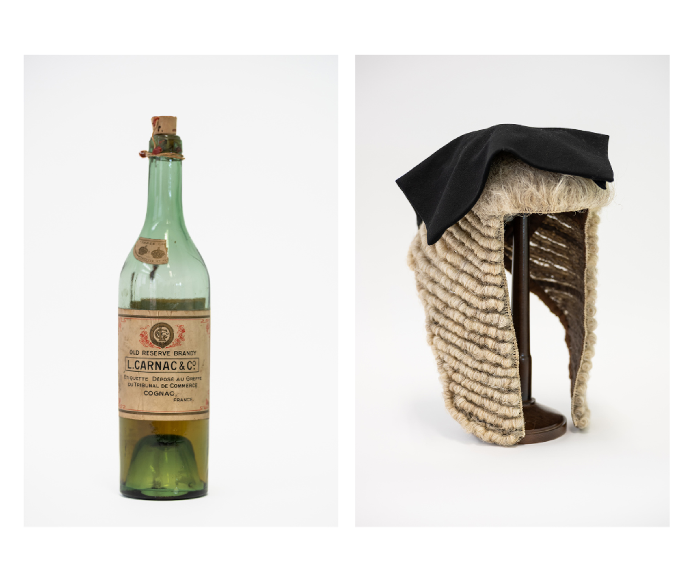 A half bottle of cognac, and a wig from the National Justice Museum's collection