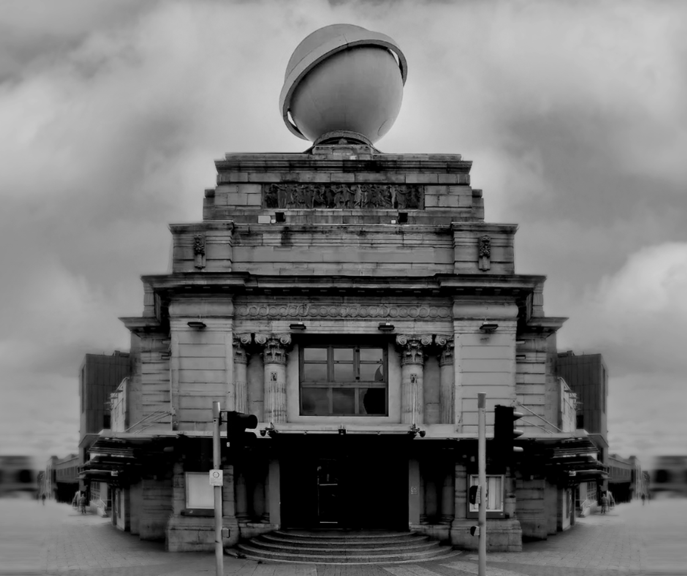The exterior of the Palais, Nottingham taken in black and white
