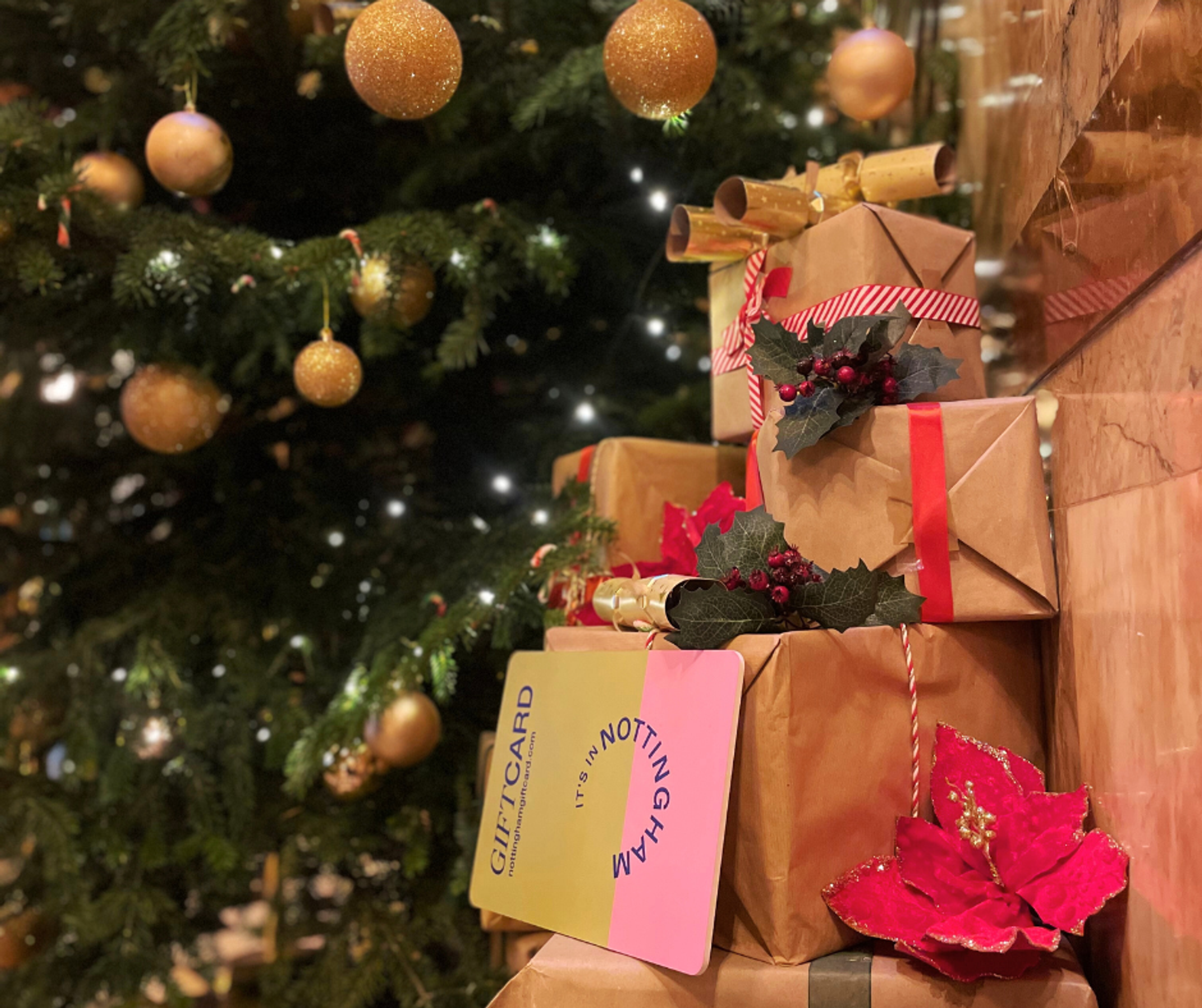 A giant Nottingham Gift Card on a stack of presents wrapped in brown paper and red ribbons next to a Christmas tree.