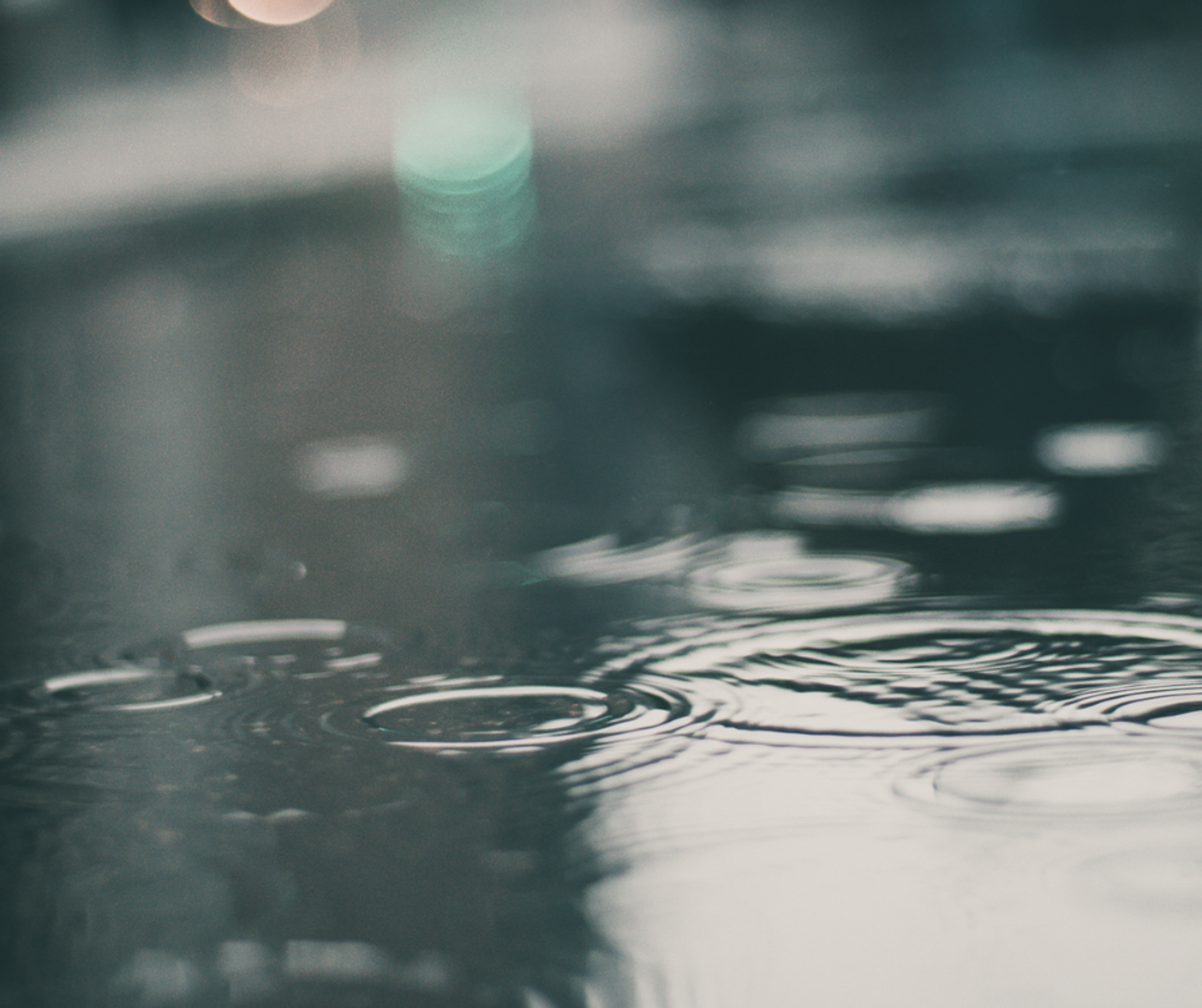 An image of rain drops making rings in a puddle.