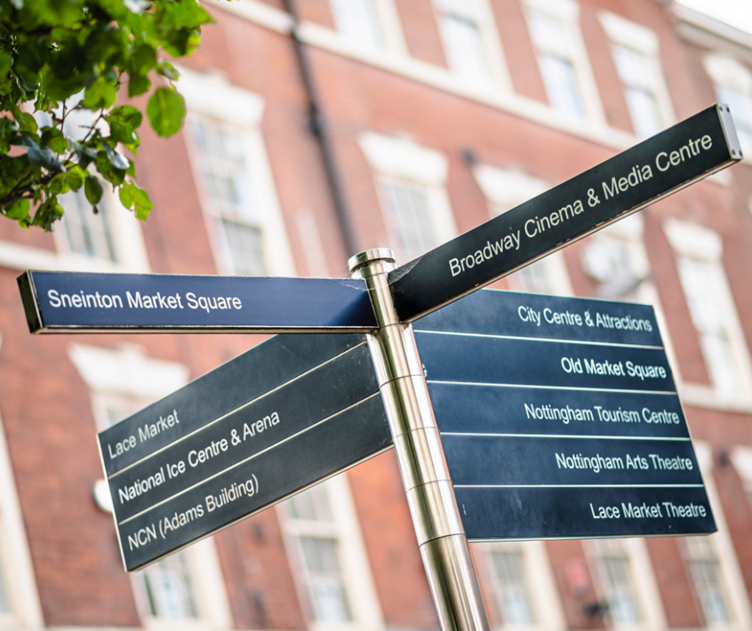 A Nottingham finger post sign showing the direction to key places including the Lace Market, Old Market Square and the National Ice Centre