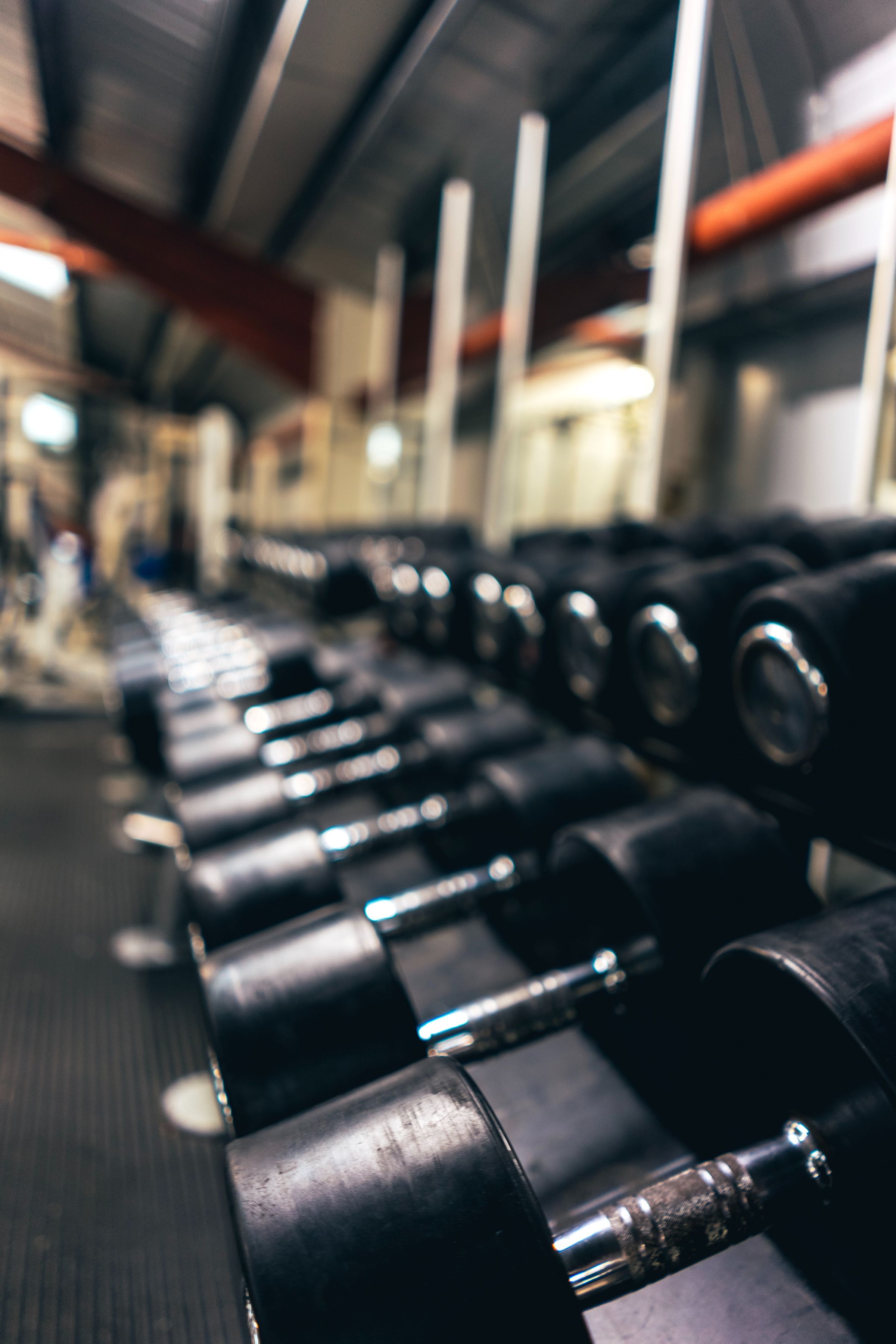 A close up of a row of handheld weights in a gym