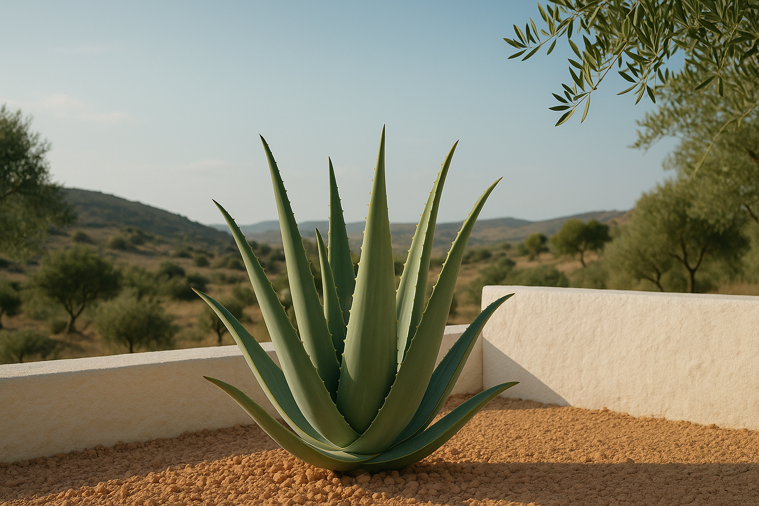 "Aloe Vera plant in a Mediterranean garden with terracotta gravel, white stucco wall, and olive trees in the background under soft afternoon sunlight."