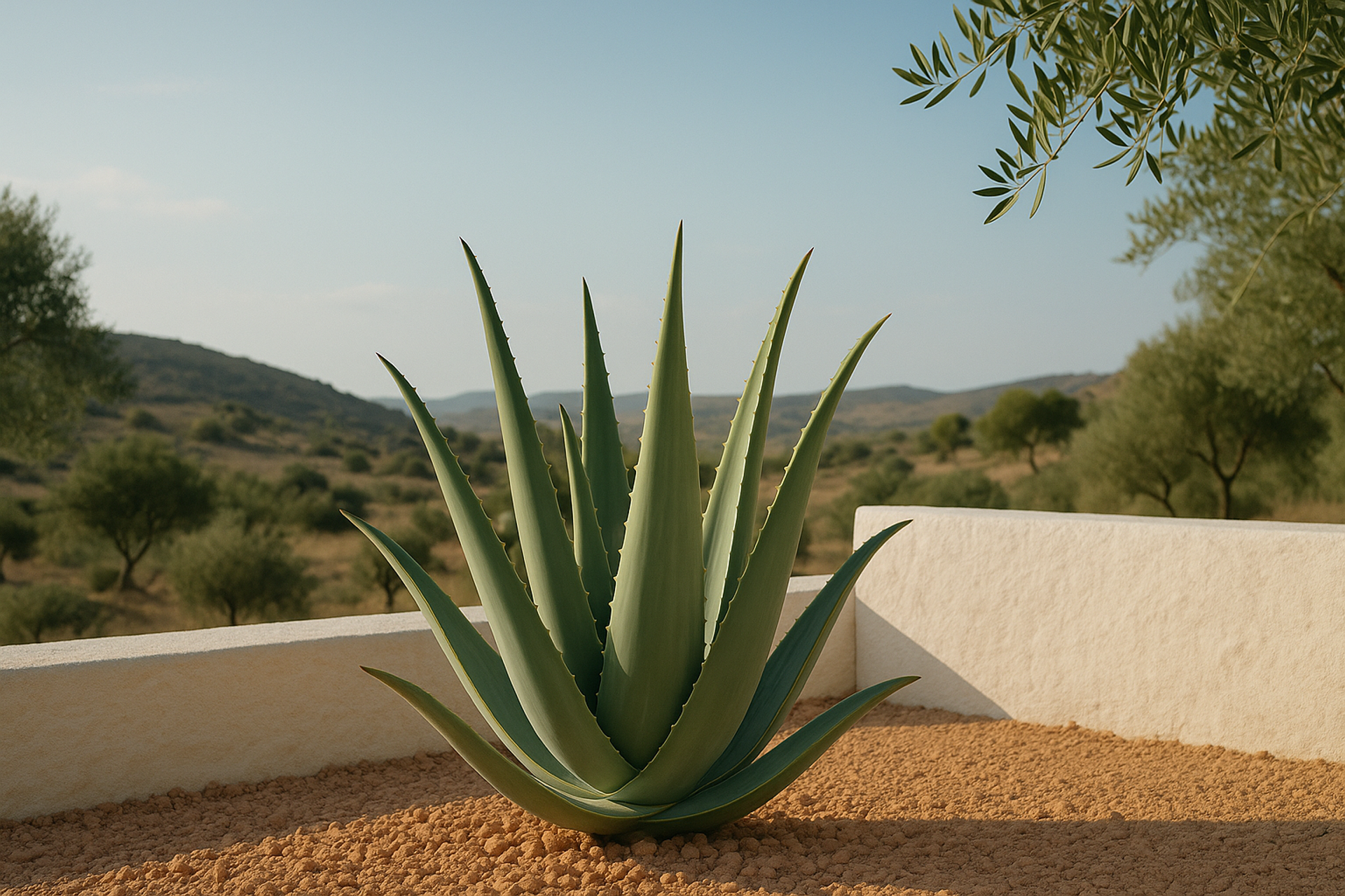 "Aloe Vera plant in a Mediterranean garden with terracotta gravel, white stucco wall, and olive trees in the background under soft afternoon sunlight."