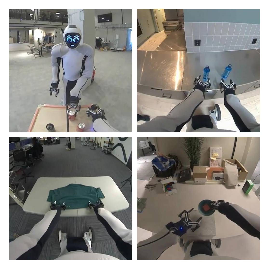 Four first-person 1X EVE robot scenes showing another humanoid, bottle handling, garment handling, and table manipulation