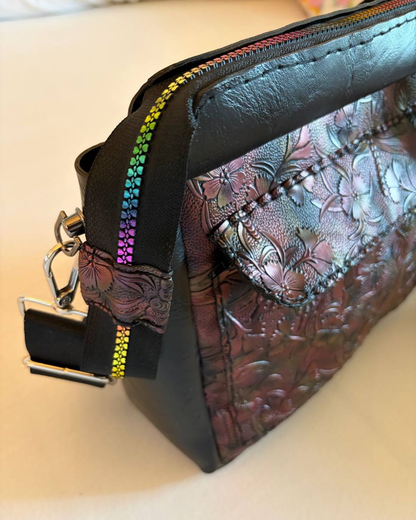 Flora bag - side view with rainbow zipper detail