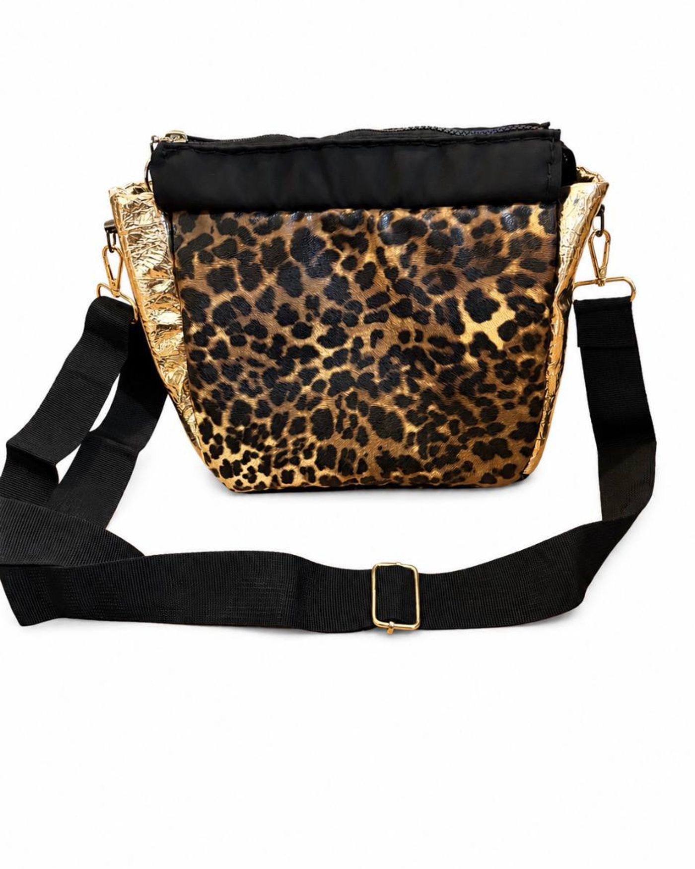 Elysian leopard crossbody bag front view showing leopard print and gold panels