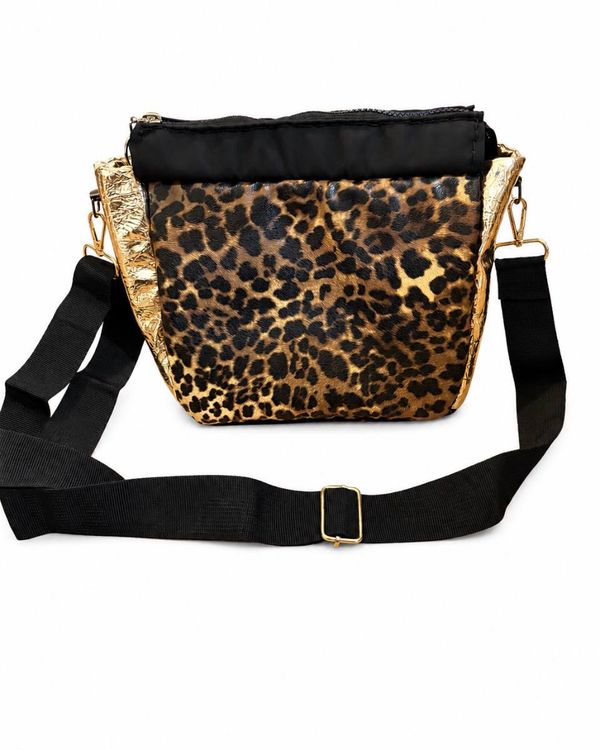 Elysian leopard crossbody bag front view showing leopard print and gold panels