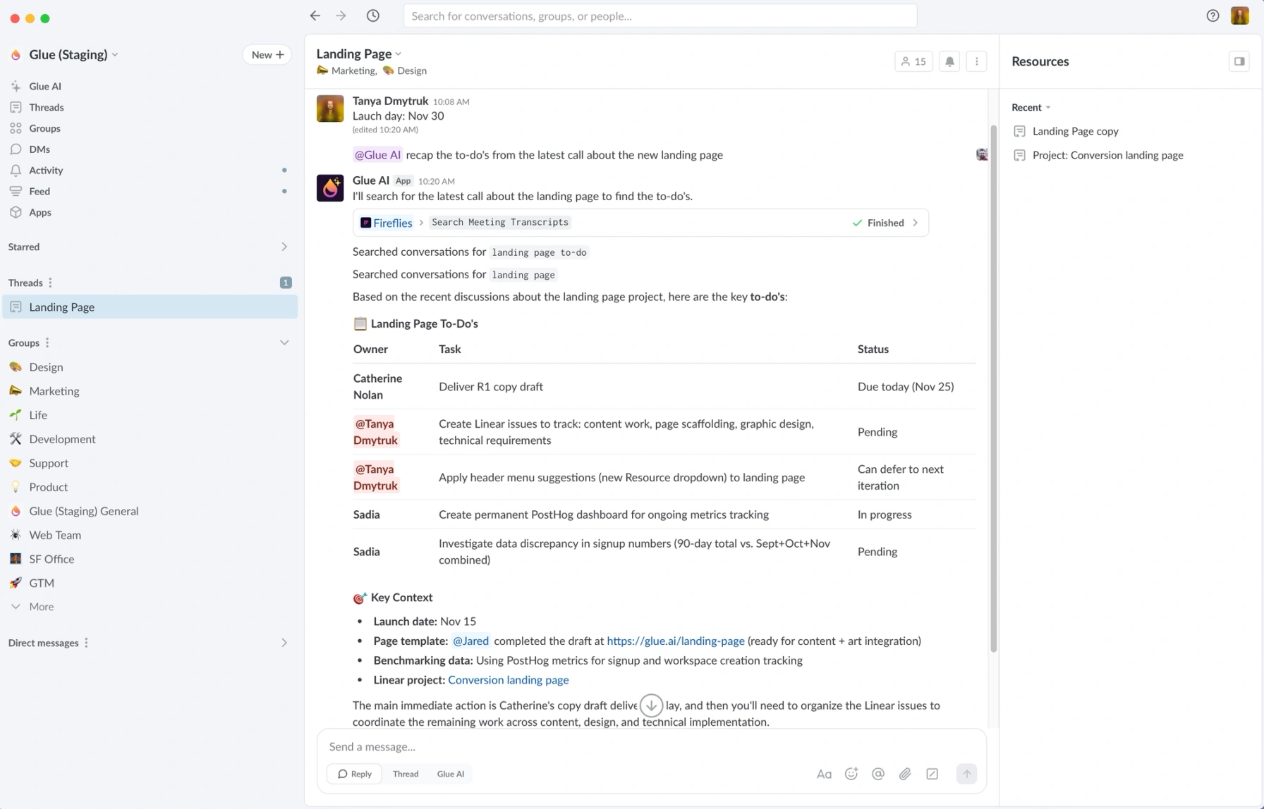 Image of Glue AI functioning as an AI copilot inside Glue, automatically generating a structured task list from meeting transcripts, assigning owners, updating statuses, and summarizing project context.