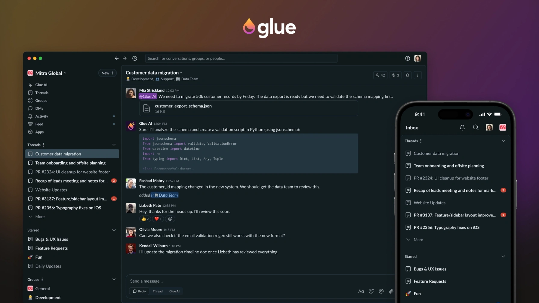 Glue team chat interface displayed on desktop and mobile devices, showing organized thread-based conversations and AI-powered collaboration features for development teams.