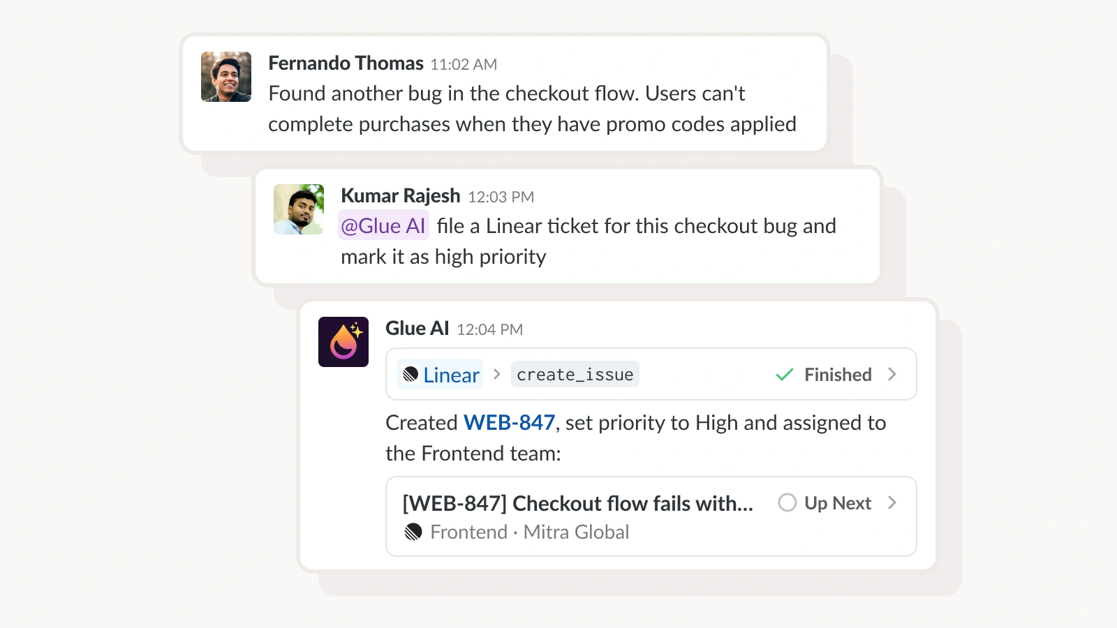 Team members create a new Linear issue directly from a Glue chat using @Glue AI after discussing a feature request for dark mode.