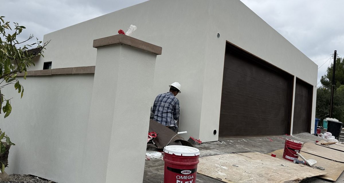 Acrylic finish coat going on, rear elevation