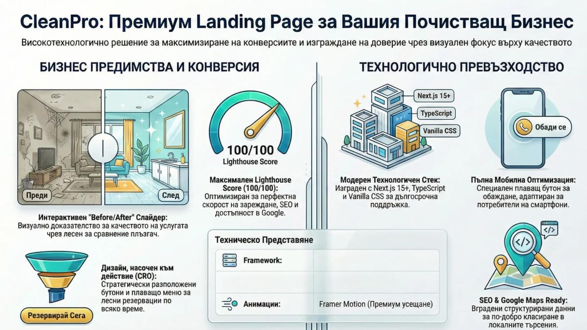 инфографиката представя проекта - Изработка на уебсайт за фирма за почистване само за 100€