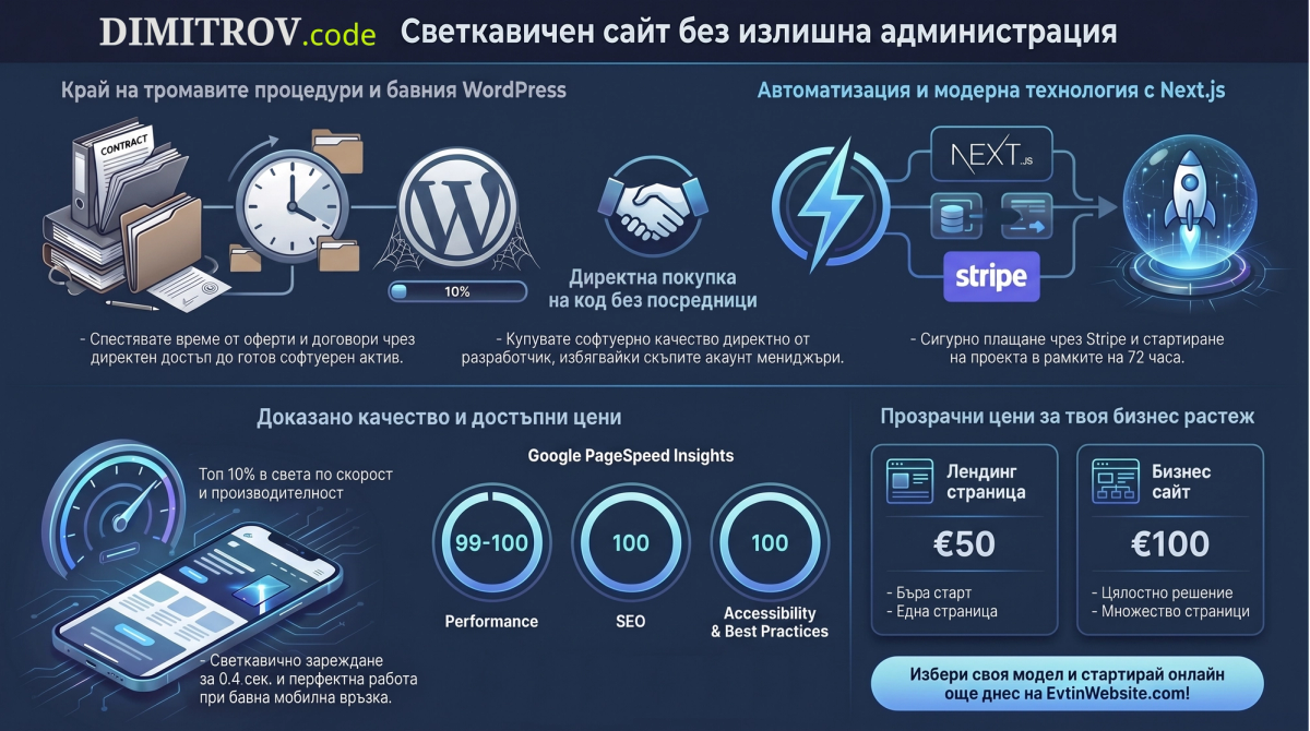 Инфографика от DIMITROV.code и EvtinWebsite, показваща сравнение между бавните WordPress системи и бързите Next.js сайтове с автоматизирано плащане през Stripe, цени от €50 и €100 и топ резултати в Google PageSpeed Insights.