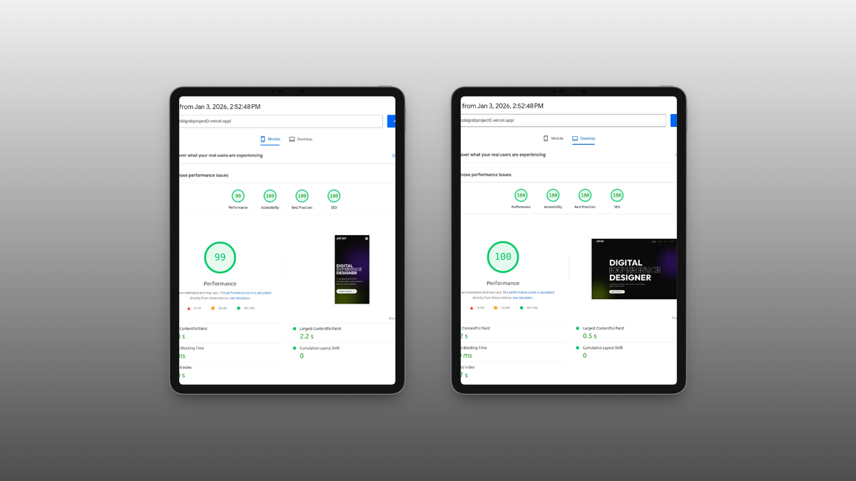 Резултат от Google PageSpeed Insights за проекта ART.IST, показващ перфектни показатели за скорост и оптимизация: 99 Performance, 100 Accessibility, 100 Best Practices и 100 SEO.