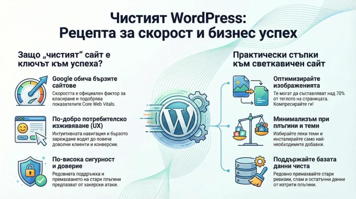 Инфографика на тема "Чист WordPress сайт": Рецепта за скорост и бизнес успех" с практически стълбове за SEO, UX, сигурност и оптимизация.