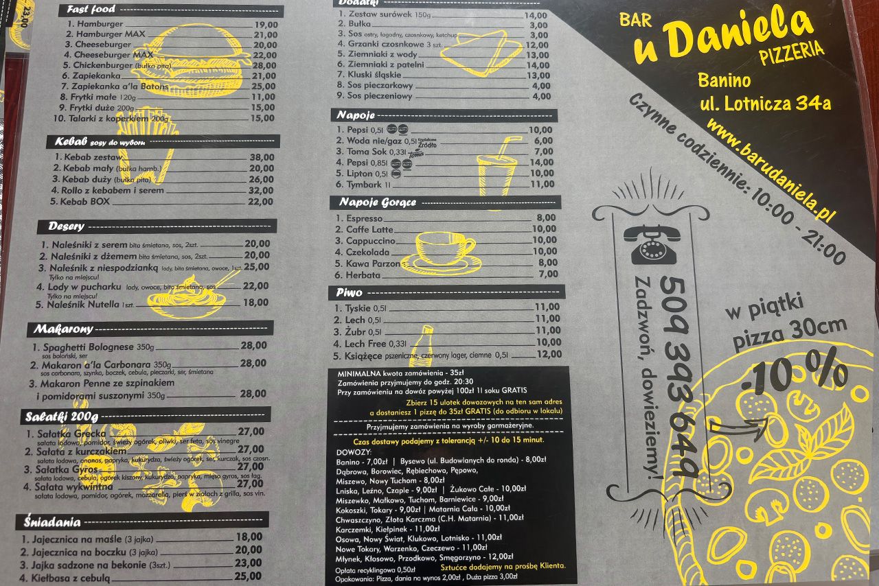 Bar u Daniela w Baninie - menu fast food i napoje - wrzesień 2026