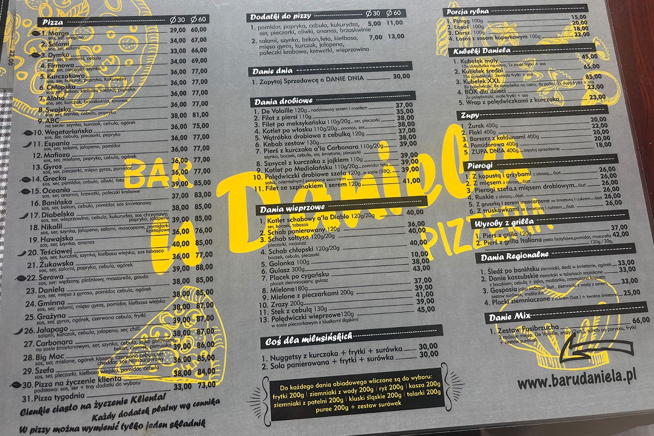 Bar u Daniela w Baninie - menu - wrzesień 2026