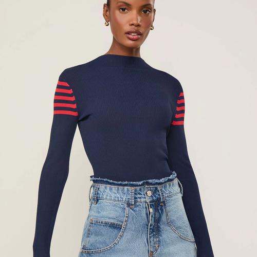 Blusa De Tricot Manga Longa Com Listras Ombro