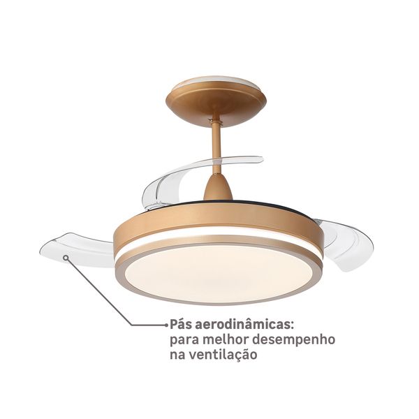 Ventilador de Teto com Controle Remoto Retrátil 3 Pás 91 cm Dourado Bivolt Aliseu