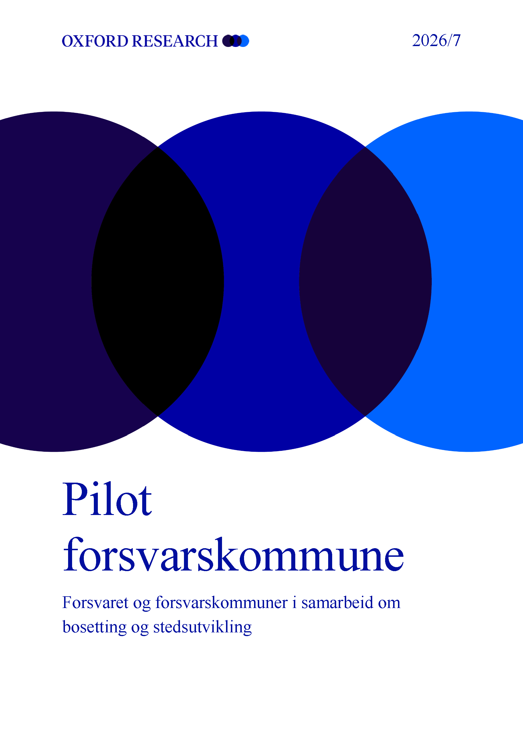 Forside av rapporten Pilot forsvarskommune, med tittel og tre store blå sirkler