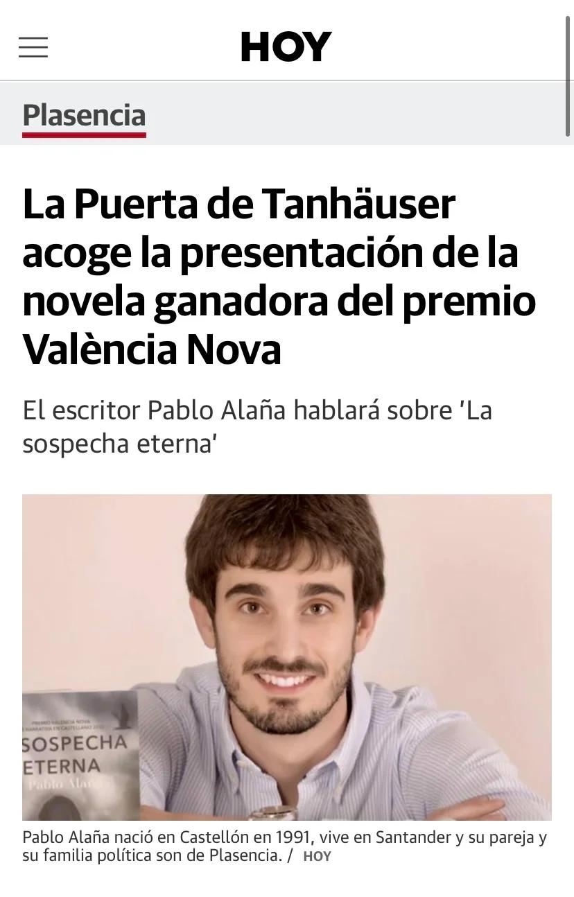 «La Puerta de Tannhäuser acoge la presentación de la novela ganadora del Premio València Nova» (Diario Hoy)