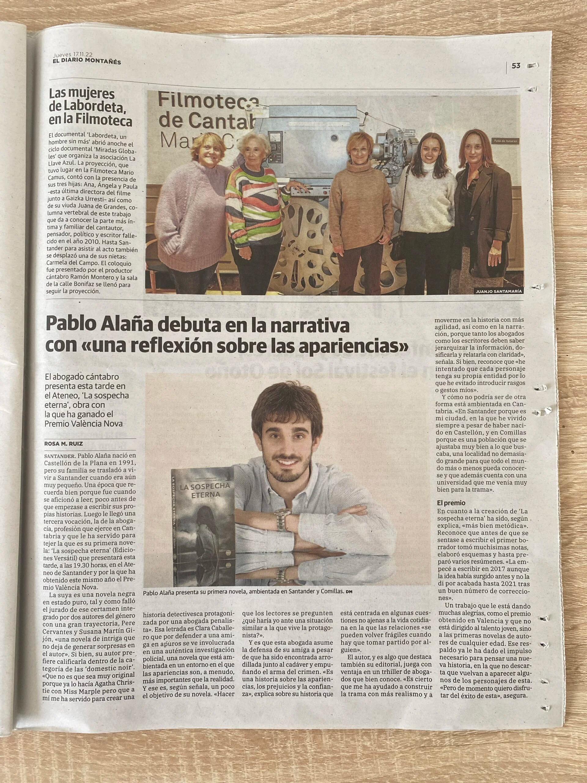 «Pablo Alaña debuta en la narrativa con una reflexión sobre las apariencias» (El Diario Montañés)