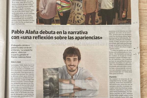 «Pablo Alaña debuta en la narrativa con una reflexión sobre las apariencias» (El Diario Montañés)