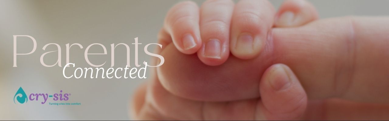 A close up of a baby holding onto an adults finger with the words Parents Connected written at the side with the cry-sis logo in the bottom corner.