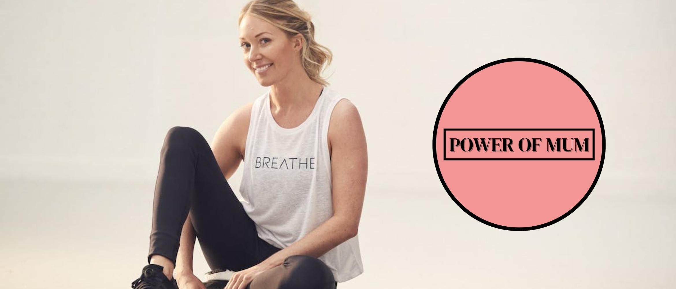 Smiling woman in a workout outfit sitting down with the Power of Mum logo to the right side