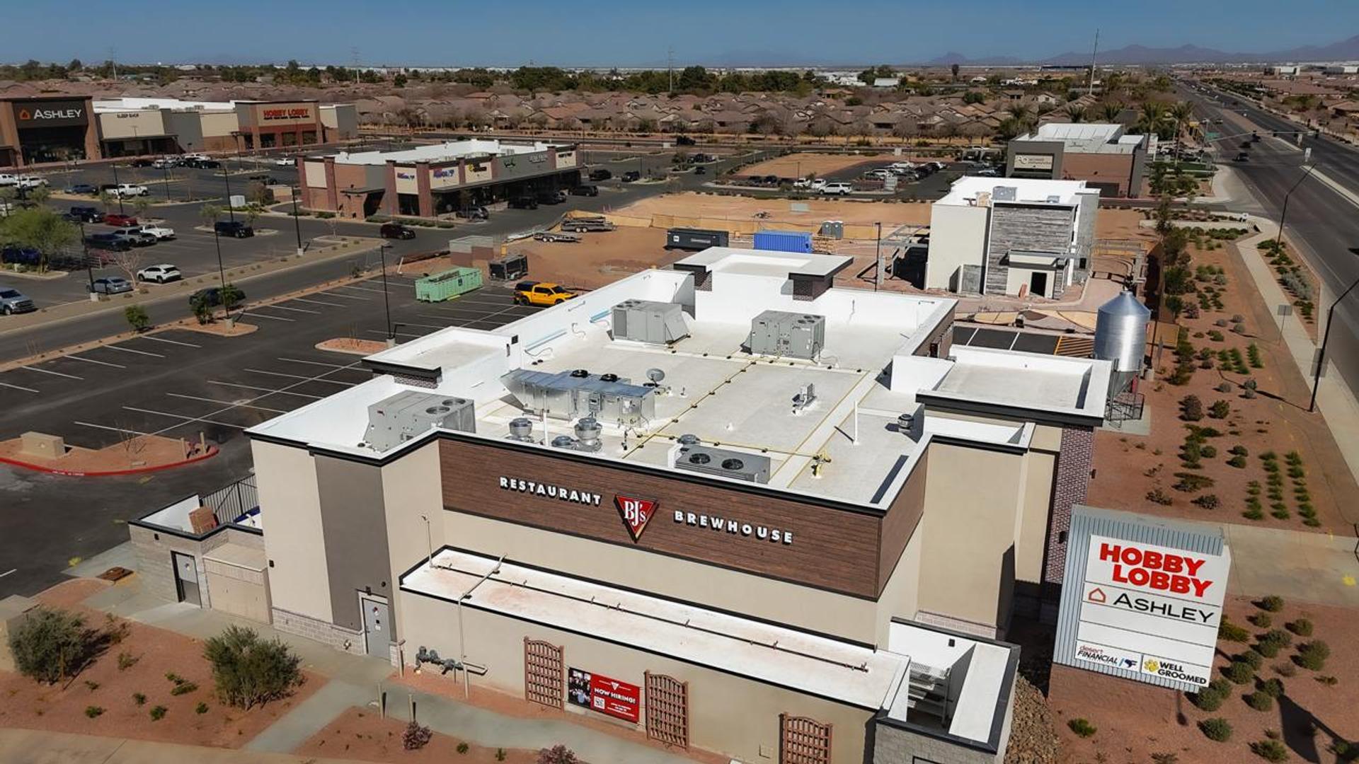 Aerial view of BJ's Restaurant & Brewhouse in Queen Creek with its new TPO roof