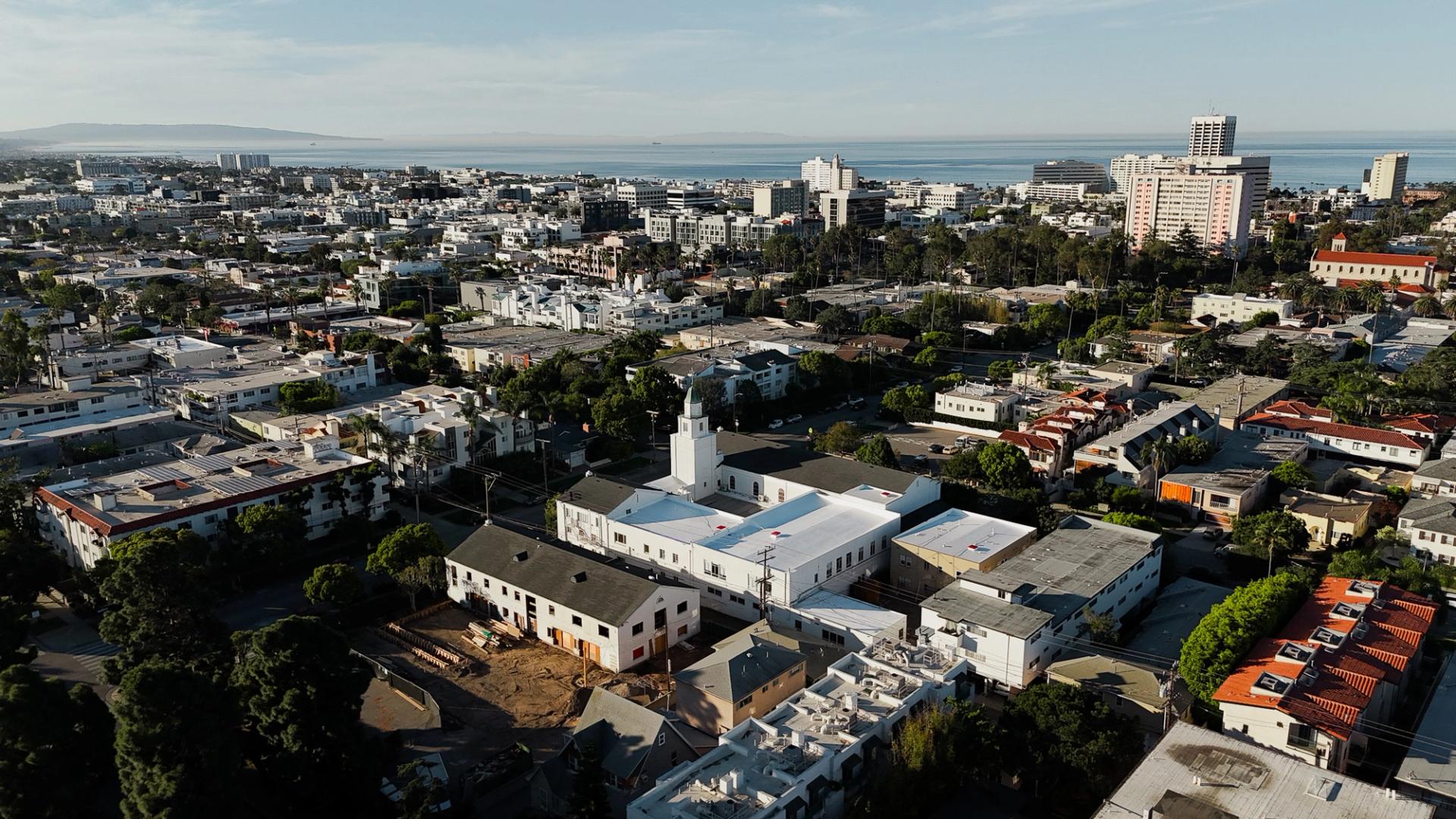 Church in Santa Monica with a new TPO roof, aerial view