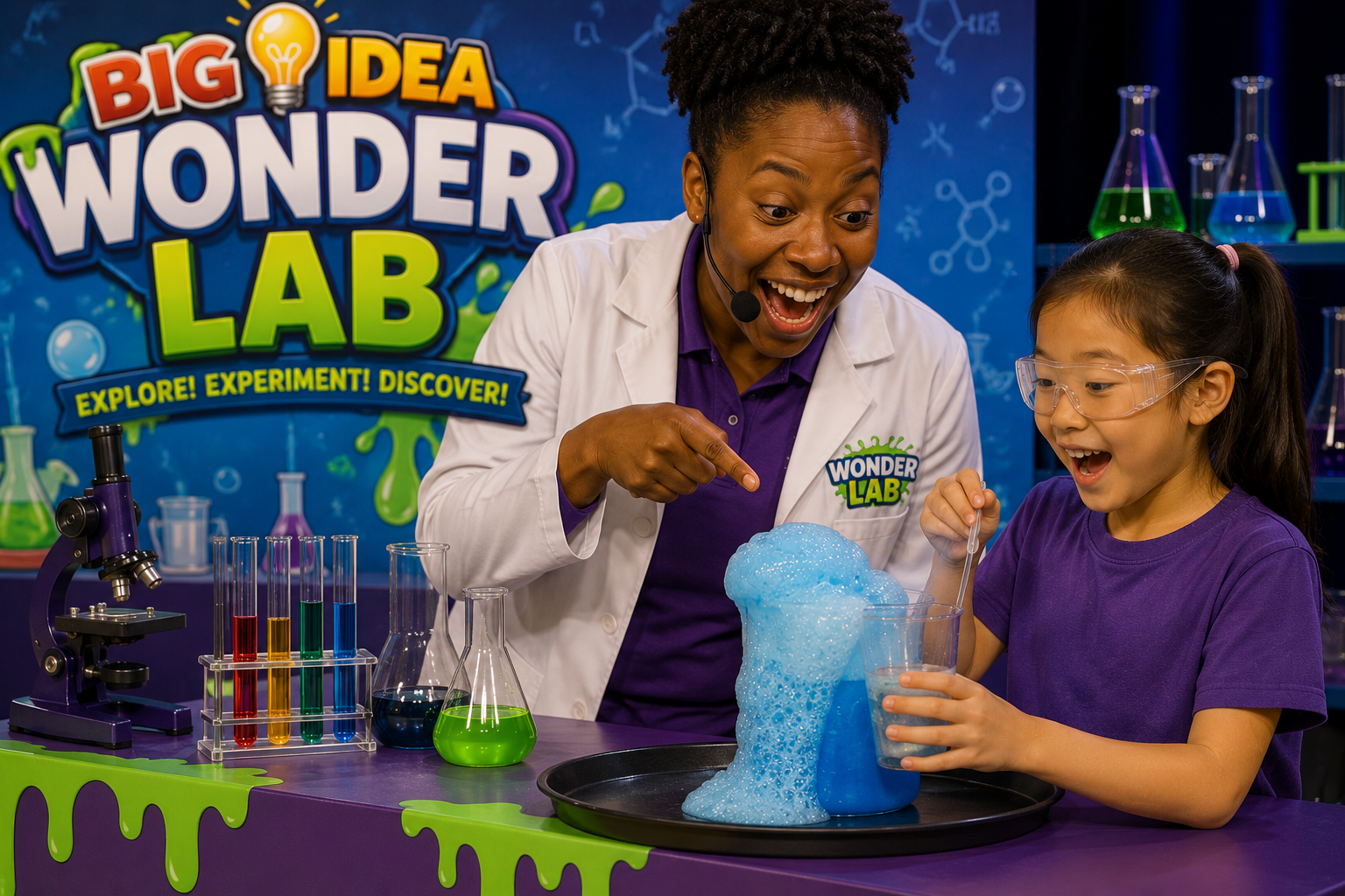 A Wonder Lab presenter and a student watching a foaming reaction at the demonstration bench