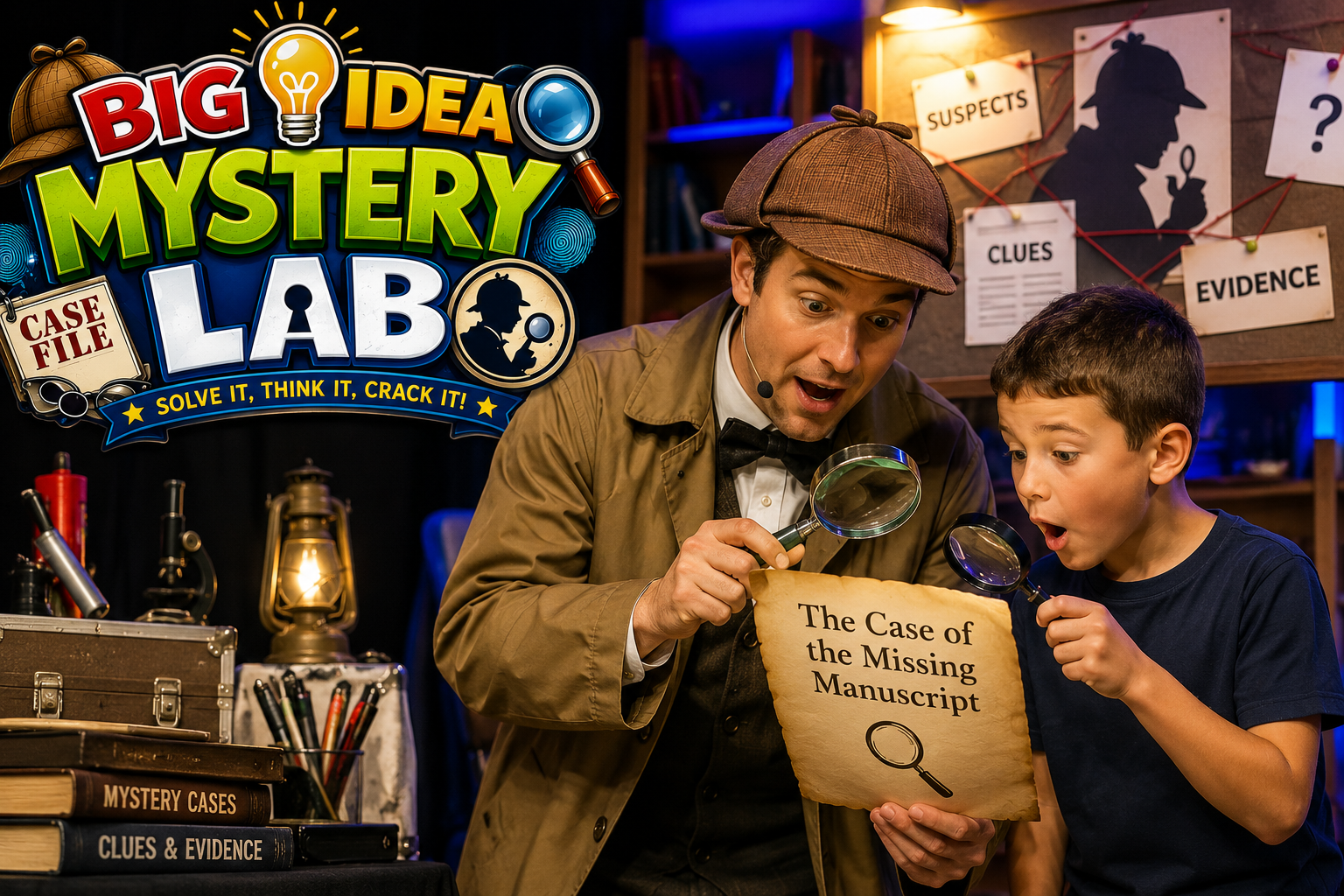 A Mystery Lab presenter and a student examining a case file with magnifying glasses