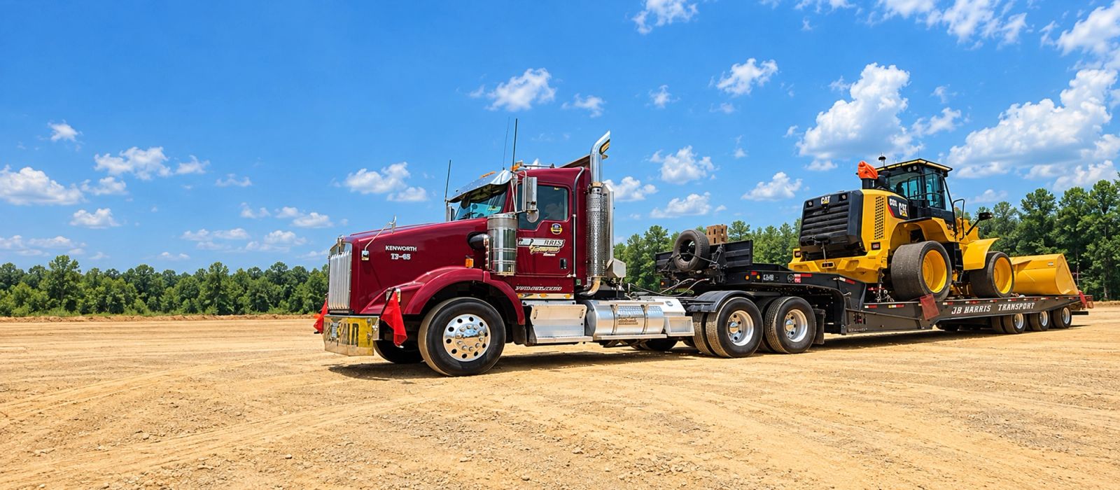 JB Harris Transport Kenworth loaded with a Cat wheel loader