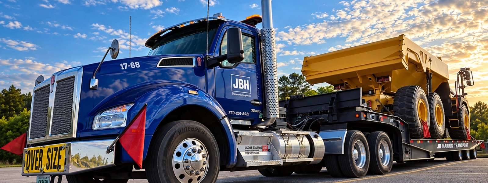 JB Harris Transport Kenworth hauling a Cat wheel loader on a company-owned trailer.