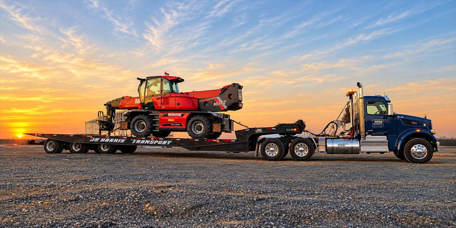 JB Harris Transport step-deck loaded with Manitou telehandlers at sunset