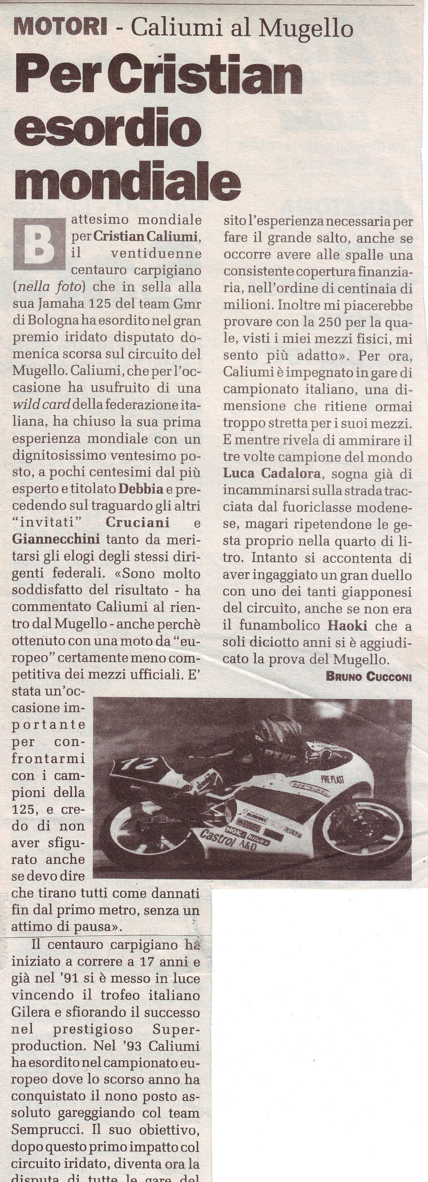 La Voce, 22 giugno 1995: per Cristian Caliumi esordio mondiale al Mugello nella classe 125