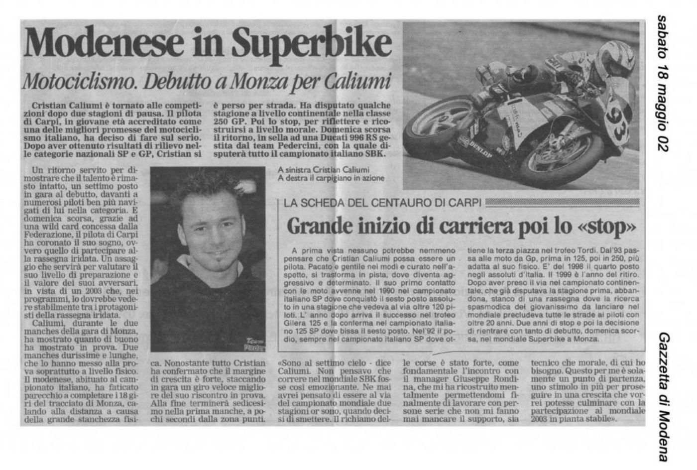 Gazzetta di Modena, 18 maggio 2002: modenese in Superbike, debutto a Monza per Cristian Caliumi
