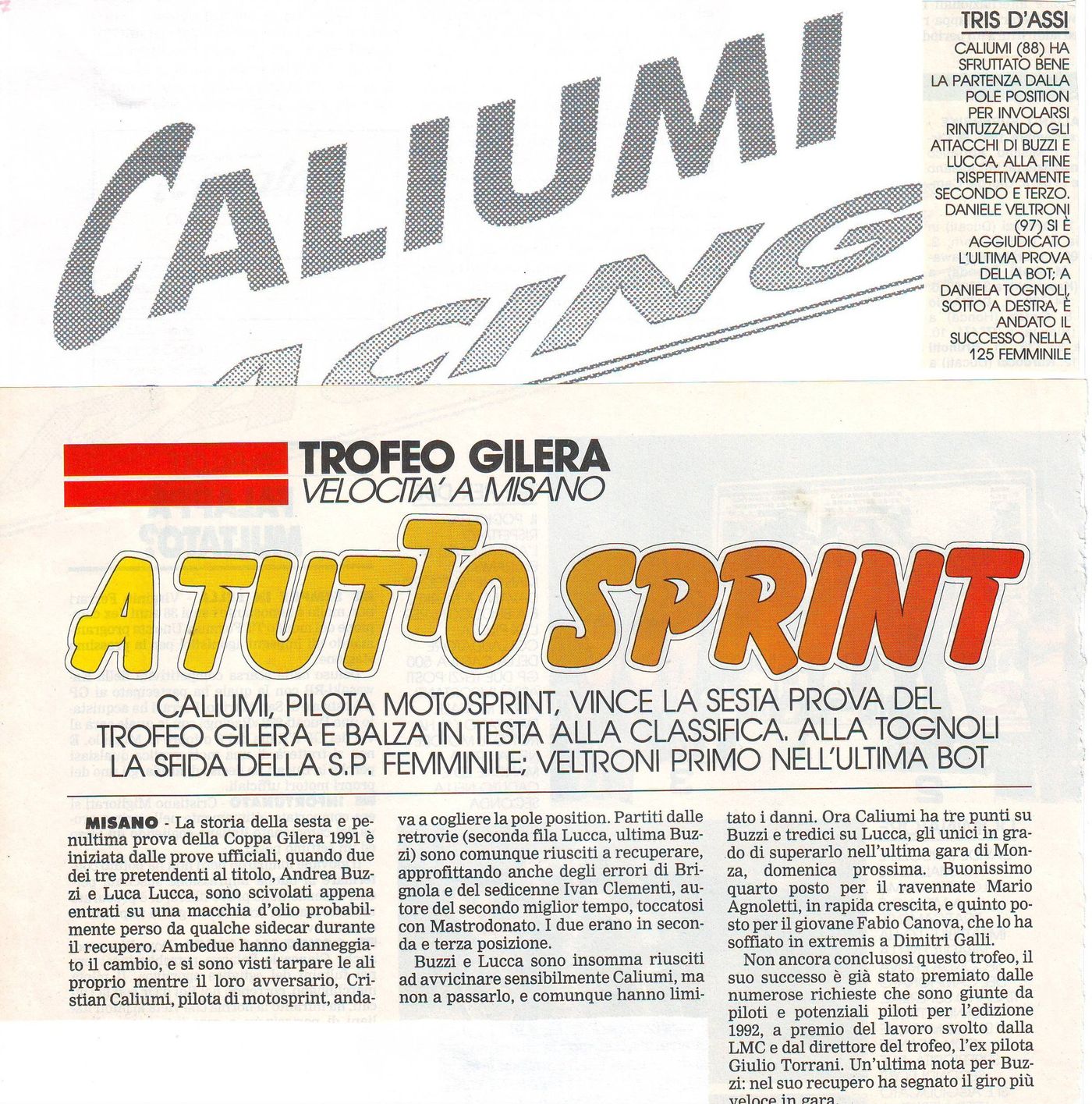 Articolo di Motosprint del 1991: Caliumi vince la sesta prova del Trofeo Gilera a Misano